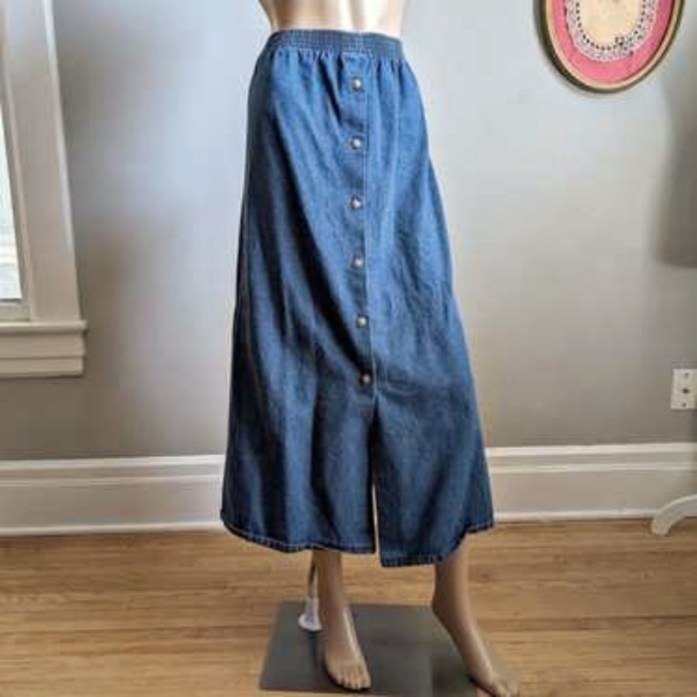 Vintage 1970s 1980s Midi Maxi Button Blue Jean Skirt by Mustang